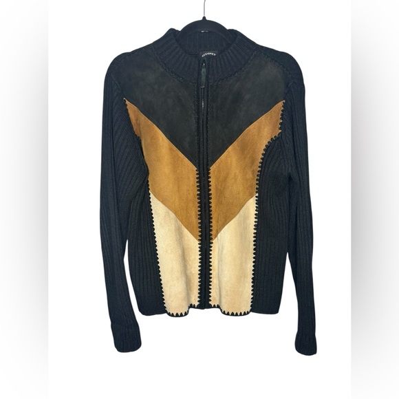 Vintage Sweaters - Vtg. Designer Studio Orig. Patchwork Suede Leather-Knit Zip Up Jacket Sweater M